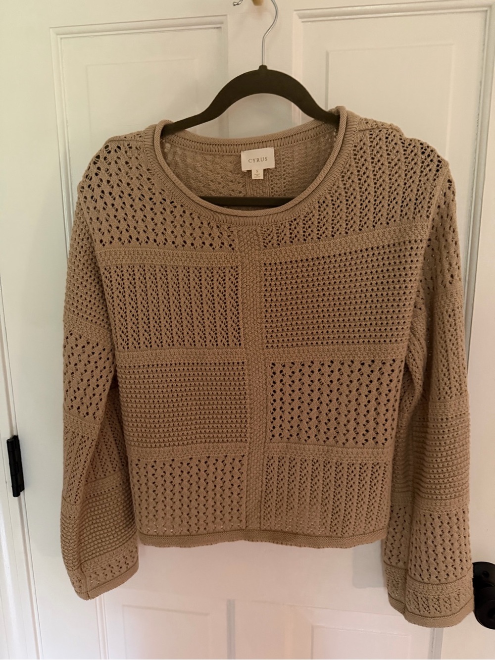 Cyrus Taupe Crochet Patchwork Crewneck Sweater
